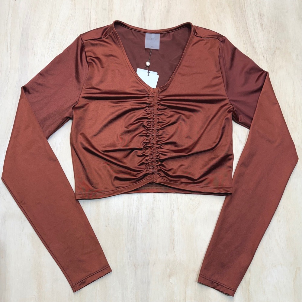 NWT Calia by Carrie Underwood Womens LS‎ Ruched Rash Guard Red Brown UPF 50+ XS
